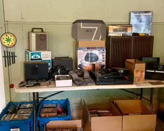 RAPID WAVE OVEN NIB, PORTABLE 8 TRACK CARTRIDGE, B107 PAIN THERAPY NIB, BELL & HOWELL SLIDE CUBE , KENWOOD SPEAKERS, DVD’S & CD’S