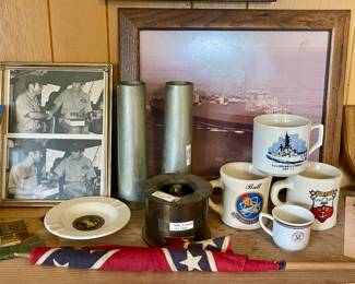 VINTAGE NAVY MUGS, 1944 TRENCH ART ASHTRAY, BLANK 40MM CARTRIDGES