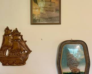 VINTAGE CLIPPER SHIP FRAMED WITH CONVEX GLASS, PLASTER CAST SHIP WALL HANGING