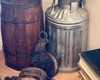 VINTAGE NAIL BARREL, VINTAGE MILK CAN, OLD PULLEYS