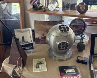 BOOTHBAY HARBOR BELL, DIVER HELMET ICE BUCKET USS GILBEY’S, TITANIC MEMORABILIA