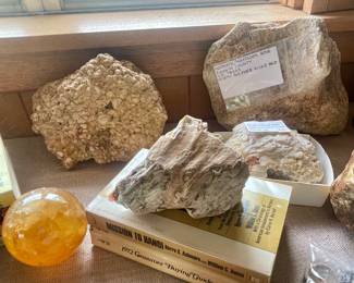 CITRINE CALCITE SPHERE, FOSSILIZED MAMMOTH BONE