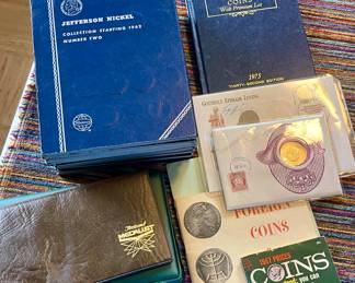 JEFFERSON NICKEL COLLECTION STARTING 1962 NUMBER 2, 1974 CHURCHILL CENTENARY .999 SILVER PROOF COIN, COIN BOOKS