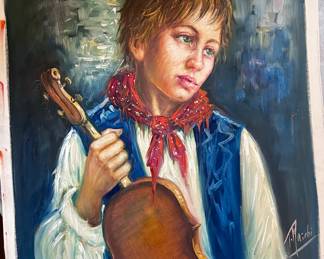 ORIGINAL ART-CRYING BOY WITH VIOLIN-SIGNED
