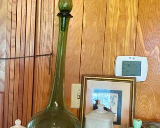 MCM GREEN GENIE BOTTLE, MILK GLASS, JADEITE WEISHAR MOON & STARS CANDY DISH