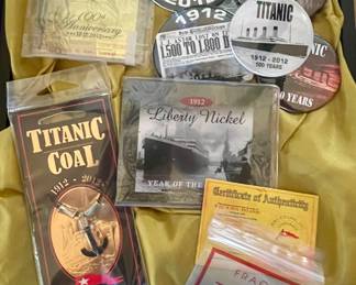 TITANIC BUTTONS, TITANIC COAL NECKLACE, TITANIC 100TH ANNIVERSARY CARD