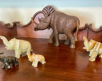 CARVED WOOD RHINOCEROS, VINTAGE MARBLE ELEPHANTS