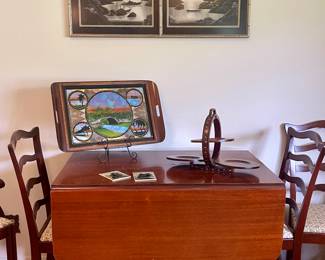 DUNCAN PHYFE MAHOGANY DROP LEAF TABLE WITH LEAVES, TABLE PADS, & 6 CHAIRS