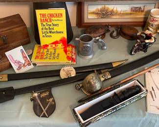VINTAGE WOODEN PINE BOX, SHAVER COOL RATAVIA SWORD, METAL PIRATE SWORD FESTIVAL RENAISSANCE FAIRE STAINLESS STEEL BLADES, CIVIL WAR REPRODUCTION U.S. NAVY 1860 OFFICERS CUTLASS, US NAVAL SABER