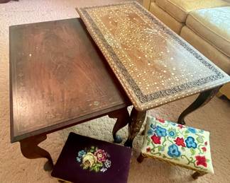 ANTIQUE INLAID/CARVED COFFEE TABLE, INLAID COFFEE TABLE, VINTAGE NEEDLEPOINT STOOLS
