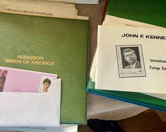 EMPTY JOHN F. KENNEDY STAMP ALBUM, AUDOBON BIRDS OF AMERICA STAMP ALBUM WITH STAMPS, AUDREY HEPBURN STAMPS