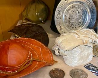 US NAVY 200TH BIRTHDAY PEWTER COMMEMORATIVE PLATE, WIDE BRIM VINTAGE LEATHER SUN HAT, WWII US NAVY LEATHER FLIGHT HELMET