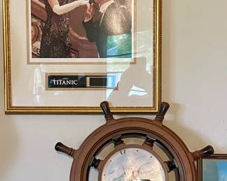 SHIP’S WHEEL CLOCK-AS IS, TITANIC FRAMED LITHOGRAPH