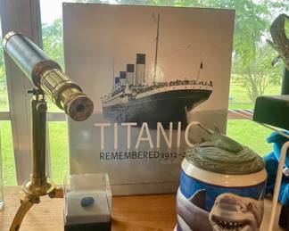 GREAT WHITE SHARK EXTINCTION IS FOREVER STEIN, BRASS TELESCOPE TRIPOD NAUTICAL STYLE