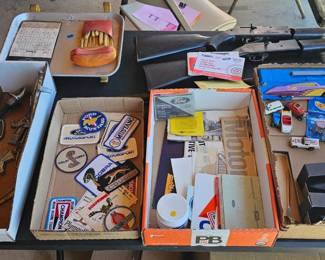 Vintage sew-on patches, buttons, hot wheels, etc