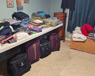 Linens, luggage, wicker blanket chest, jewlery armoire