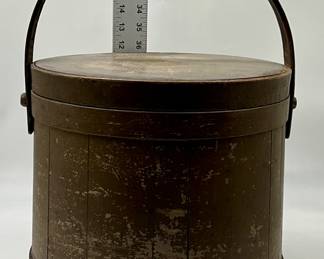 Antique Staved Firkin Sugar Pail Bucket, Original brown Paint, With Lid And Swing Handle