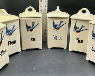 Antique 1920s Ceramic Hull Bluebird Canisters