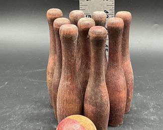 Antique Wooden Skittle Bowling Game Set - Mini Wooden Pin Set - 1 Wood Ball - Vintage Kids Bowling Game