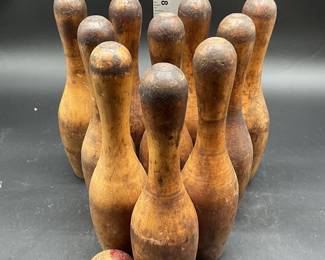 Antique Wooden Skittle Bowling Game Set - Mini Wooden Pin Set - 1 Wood Ball - Vintage Kids Bowling Game