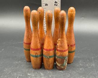 Antique Wooden Skittle Bowling Game Set - Mini Wooden Pin Set - - Vintage Kids Bowling Game