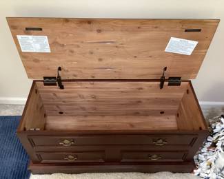 Mahogany Cedar Chest with Embroired cover open