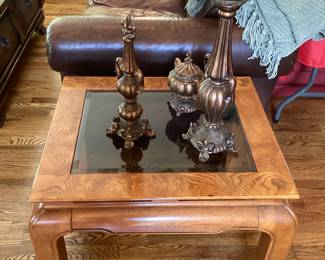 Chinoiserie Chow Leg Ming Style End Table Smoke Glass Top Pair