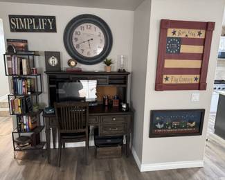 Desk, Decor, Books, and Clocks