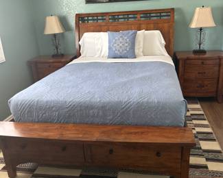 Mango wood bedroom set, slatted frame, firm mattress, end tables, lamps and rug.