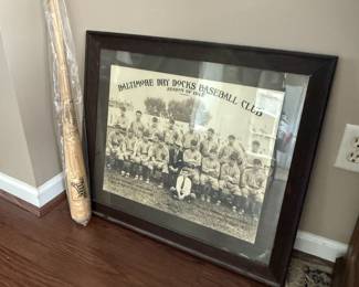 baseball bat, antique 1918 baseball framed picture