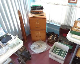 Wood file cabinet, other vintage adding machines
