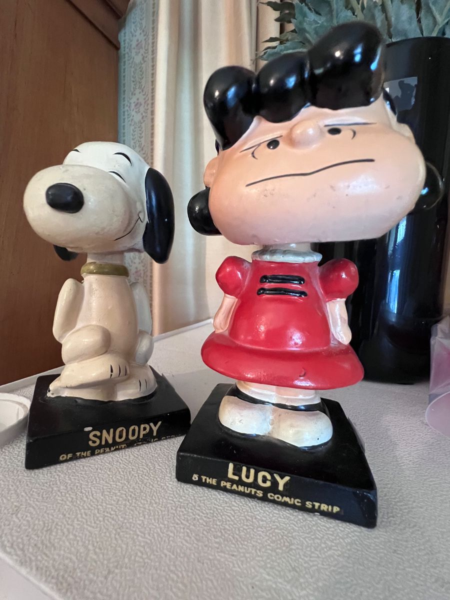 Vintage wood Snoopy and Lucy Bobble Heads