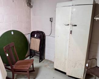 Card table, sewing rocker, metal cabinet