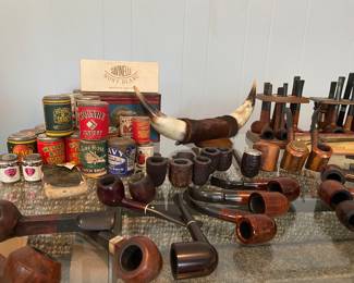 Vintage Pipes, Stands, Snuff Tins, Texas Longhorn Mounted