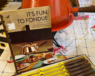 Mid Century Orange Fondue Pot/Warmer/Forks