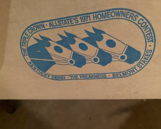 Vintage from All State Insurance. Homeowners Contest 1971 of the Triple Crown, Kentucky Derby, Belmont Stake Horses, Rock Glass/Tray/Box