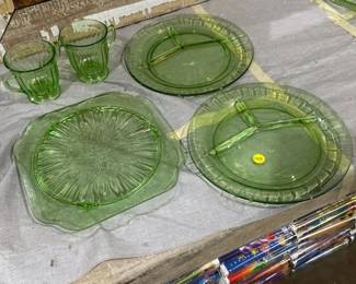 LOT OF VINTAGE GREEN GLASS DISHES