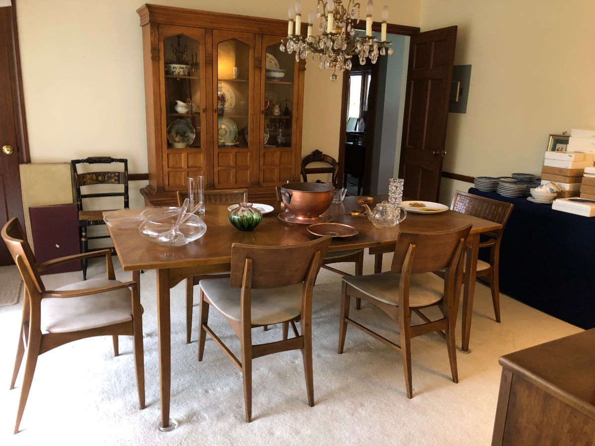 Lane Mid Century Modern dining table with 6 chairs, 3 leaves and sideboard-basket weave motif