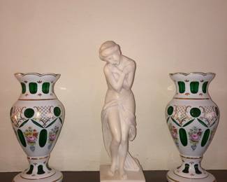 Antique alabaster statue flanked by 2 fine Bohemian cased glass vases 