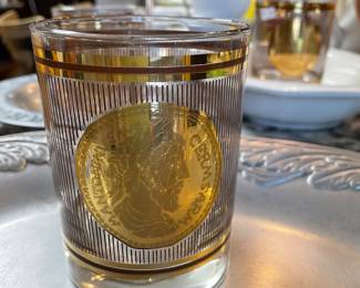 MCM top glass designer, Georges Briard, Gold Italian Coin pattern 