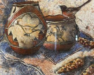 "Towhee & Pottery" by Sherry Gallagher, award winning Montana artist, Mixed Media, framed 23 1/4 x 29