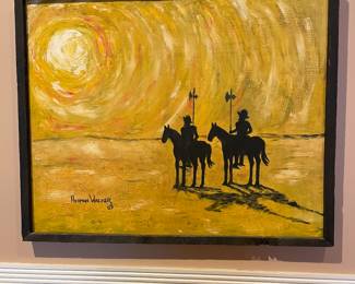 Original Framed painting on board of 2 knights on horseback silhouette in black on yellow background, by Herman Walker, 25 1/4 x 31 