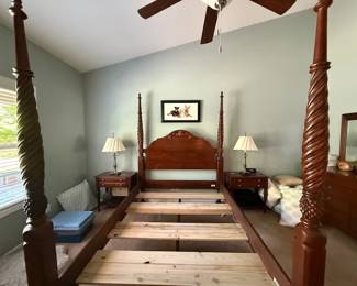 Ethan Allen Queen sized Cherry 4 poster bed with nightstands - $250