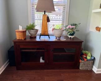 Cherry console table with storage - $75