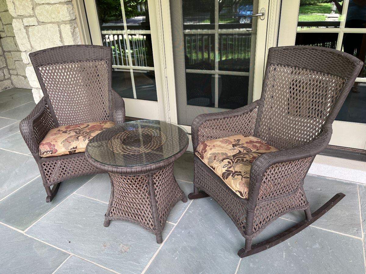 (3) Lloyd Flanders rocking chairs with upholstered cushions and matching side tables.....