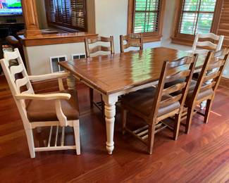 72" wood kitchen table (with 2 - 20"W leaves shown in following photo), 4 side chairs and 2 captains chairs.....