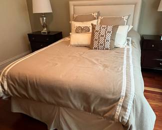 Queen mattress set, upholstered headboard and linens.....