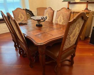 Century Furniture  72" wood dining table (shown with 2 22" leaves!) and custom pads, 6 side chairs and 2 captains chairs.....