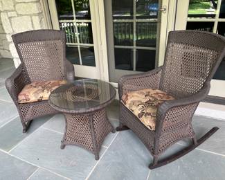 (3) Lloyd Flanders rocking chairs with upholstered cushions and matching side tables.....