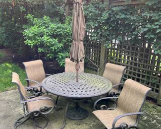 Patio table, 5 chairs, umbrella and stand